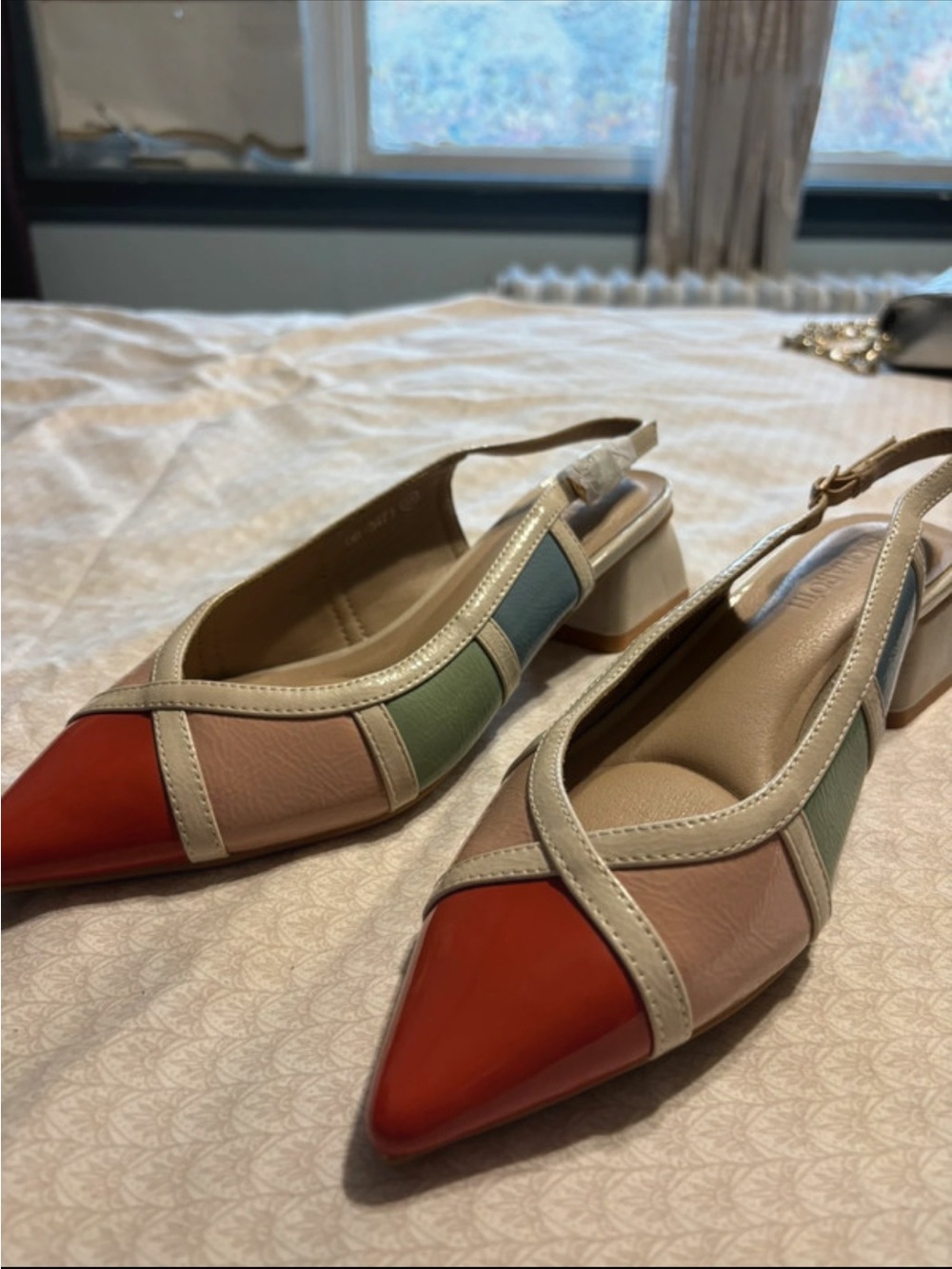 Multicolor Pointed Slingback Block Heel Pumps - Red, Pink, Green, Blue